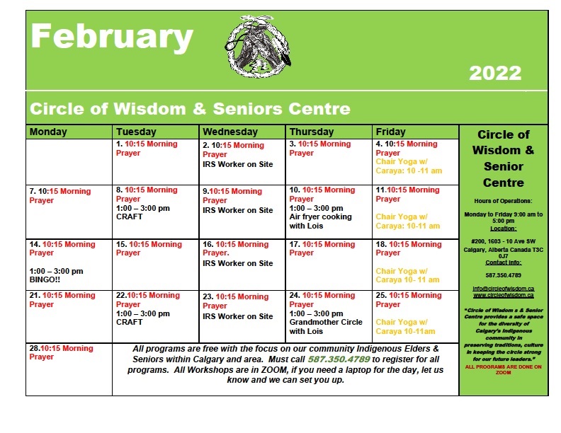 Circle of Wisdom Feb 2022 Calendar